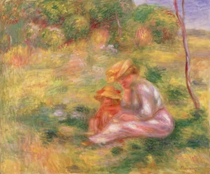 Donna e bambino seduti in un campo, c.1898